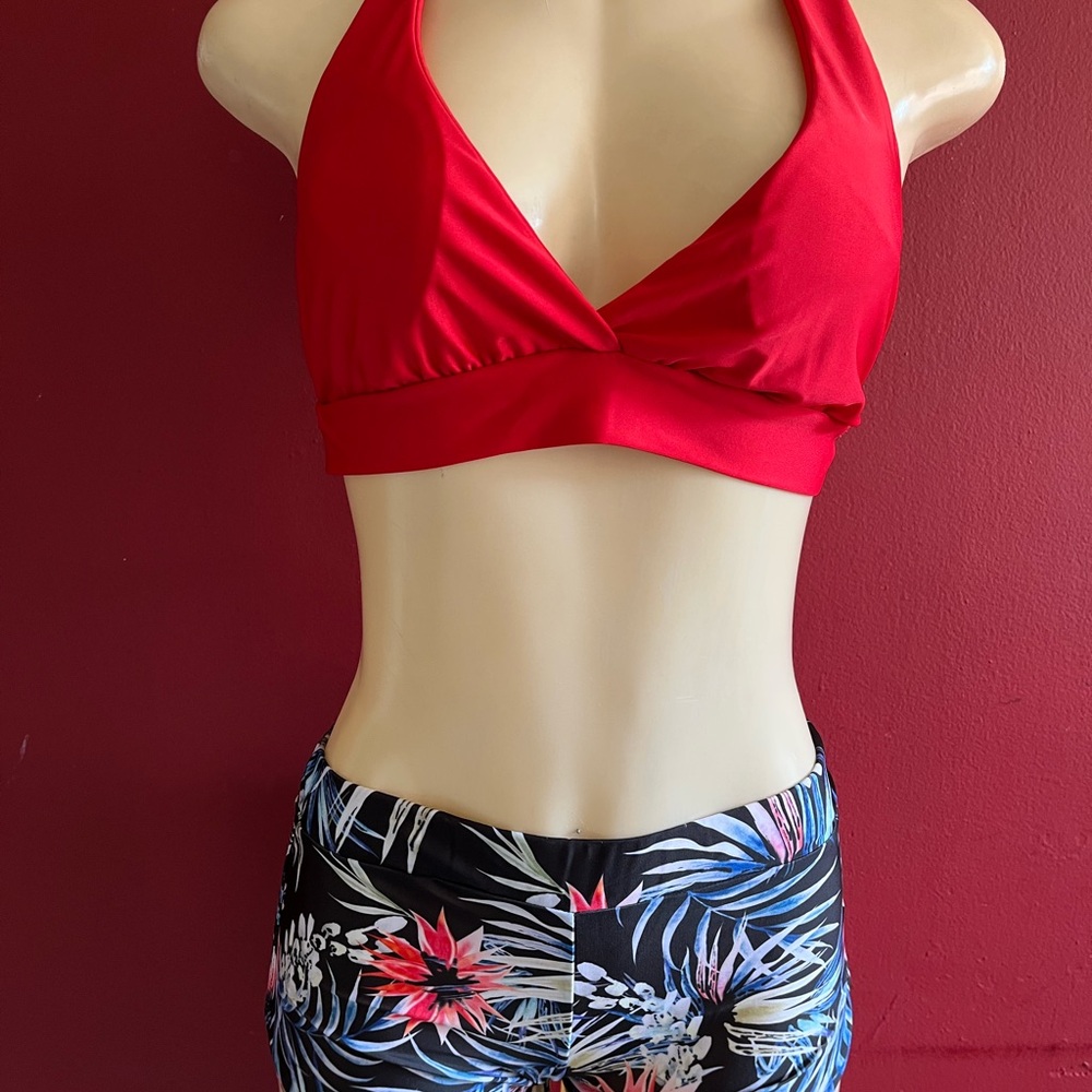Red Halter Bikini Top with Floral Bottoms